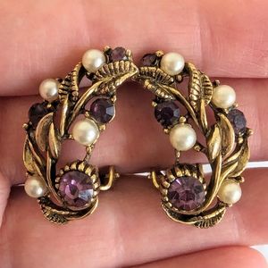 Vtg Faux Amethyst and Pearl Right/ Left Leaf Vine Climbers February Birthstone